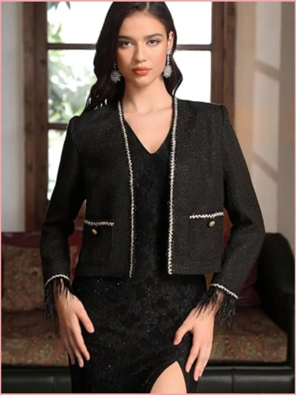 Collarless Cropped Tweed Blazer with Pockets Long Sleeve V-Neck Dressy Jacket